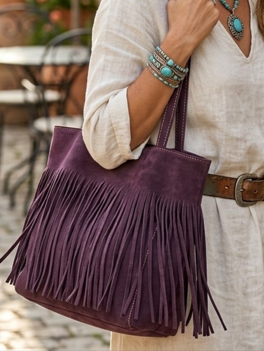Nine West Plum Purple Suede Fringe Tote Bag Boho Chic Shoulder Purse